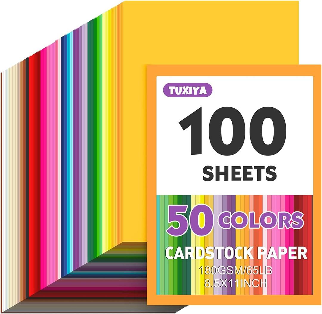 100 Sheets 8.5" X 11" Colored Cardstock, 50 Assorted Colors Construction Paper Card Stock Printer Paper for Printing, Card Making, DIY Crafts, School Supplies, Party Decorations (180GSM/65LB)
