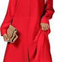 Women's Casual Collar V Neck Button Down Long Sleeve Loose Midi Shirt Dress with Pocket (Red, X-Large)