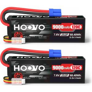 HOOVO 2S Lipo Battery 7.6V 9000mAh 120C RC Battery High Voltage Hard Case EC5 Plug Compatible for RC Cars Boats Trucks Buggies Drones RC Vehicles 2 Pack