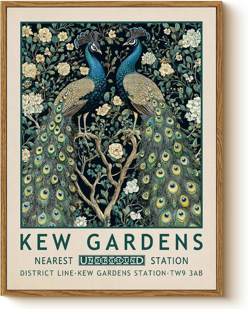 WHASAYART Vintage Peacock 12x16 Framed Canvas Wall Art Antique Painting, Kew Gardens Elegant Blue Peacocks Floral Botanical Bird Print Artwork, Retro Bathroom Bedroom Home Office Gallery Decor