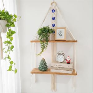 Macrame Hanging Shelf Boho Wall Decor - 2 Tier Handmade Cotton Rope & Rustic Wood Floating Shelves with Evil Eye Charms, Display Photos Plants, Bohemian Storage for Living Room, Bathroom (27"L)