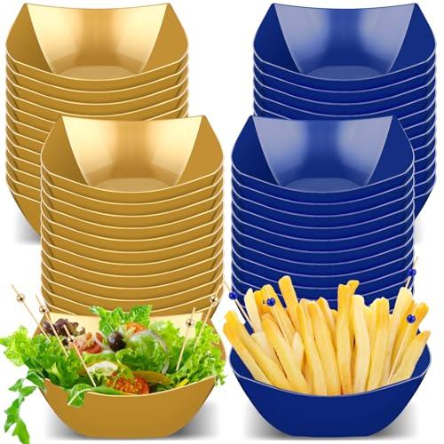 Newtay 100 Pcs Square Plastic Serving Bowl with Food Pick Disposable Snack Salad Buffet Bowl Candy Chip Fruit Dish Bar Containers Dessert Plate Party Supplies (8 oz,Blue and Gold)