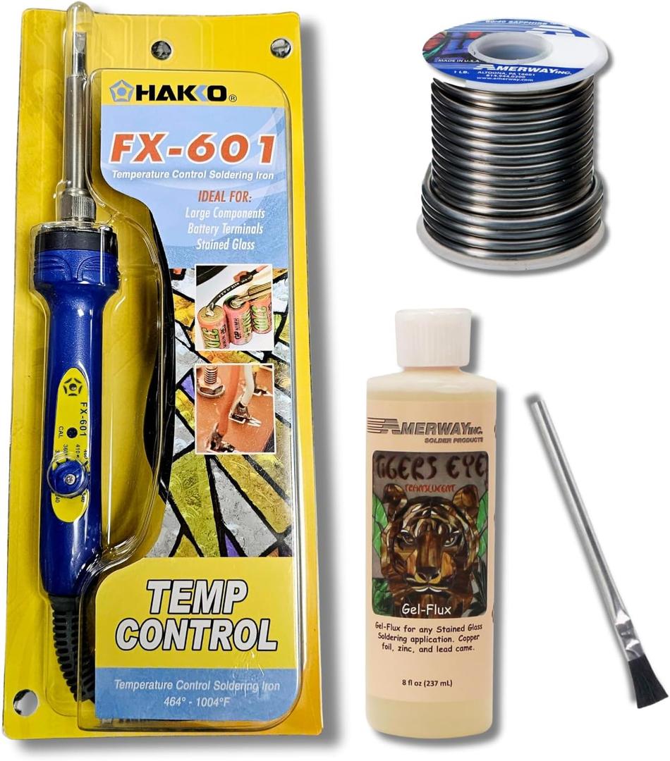 Soldering Iron Kit for Stained Glass  Includes Hakko FX-601-02 (67W) Adjustable Temperature Soldering Iron, Amerway 60/40 1LB Solder, Tigers Eye Gel Flux 8oz & Flux Brush  Hobby & DIY Kit