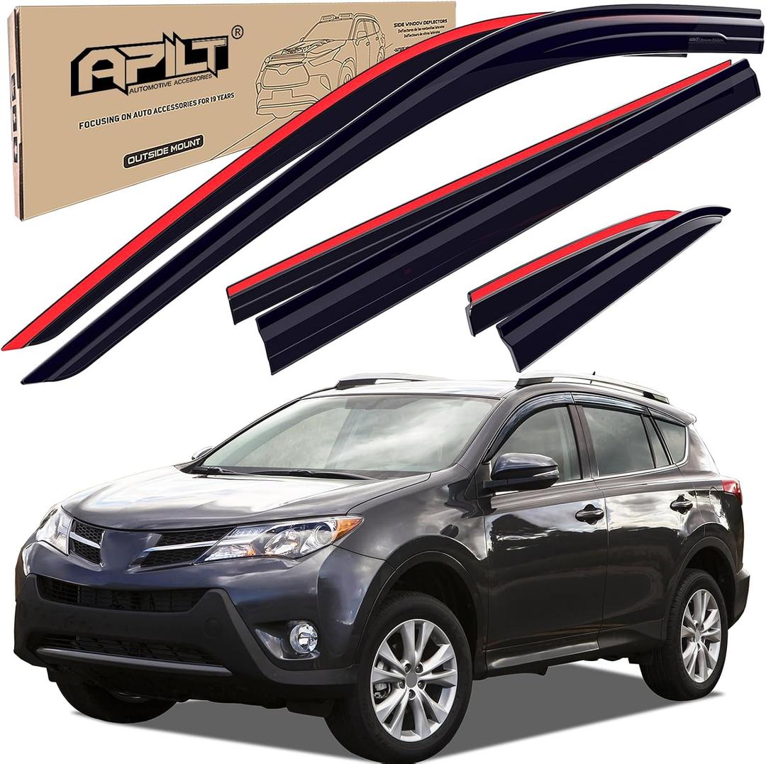 Outside-Mount Rain Guards Window Visors for 2013-2018 Toyota RAV4 Full-Size Wind Vent Deflectors Car Accessories Dark Smoke 6-Piece Set with Thicker and Waterproof Steps
