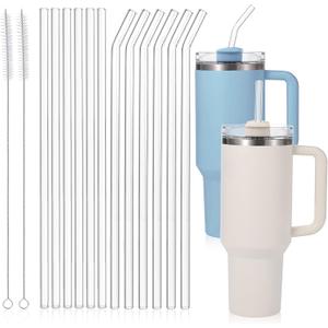 [12 Pcs] Replacement Glass Straws for Stanley - Compatible with Stanley 40 oz 30 oz Cup Tumbler,12" x 10mm Reusable Clear Glass Straw with 2 Cleaning Brush for Cup Accessories