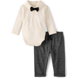 The Children's Place Baby Boys' And Newborn Long Sleeve Polo Bodysuit and Pants, 2 Piece Outfit (3-6 Months, Black)