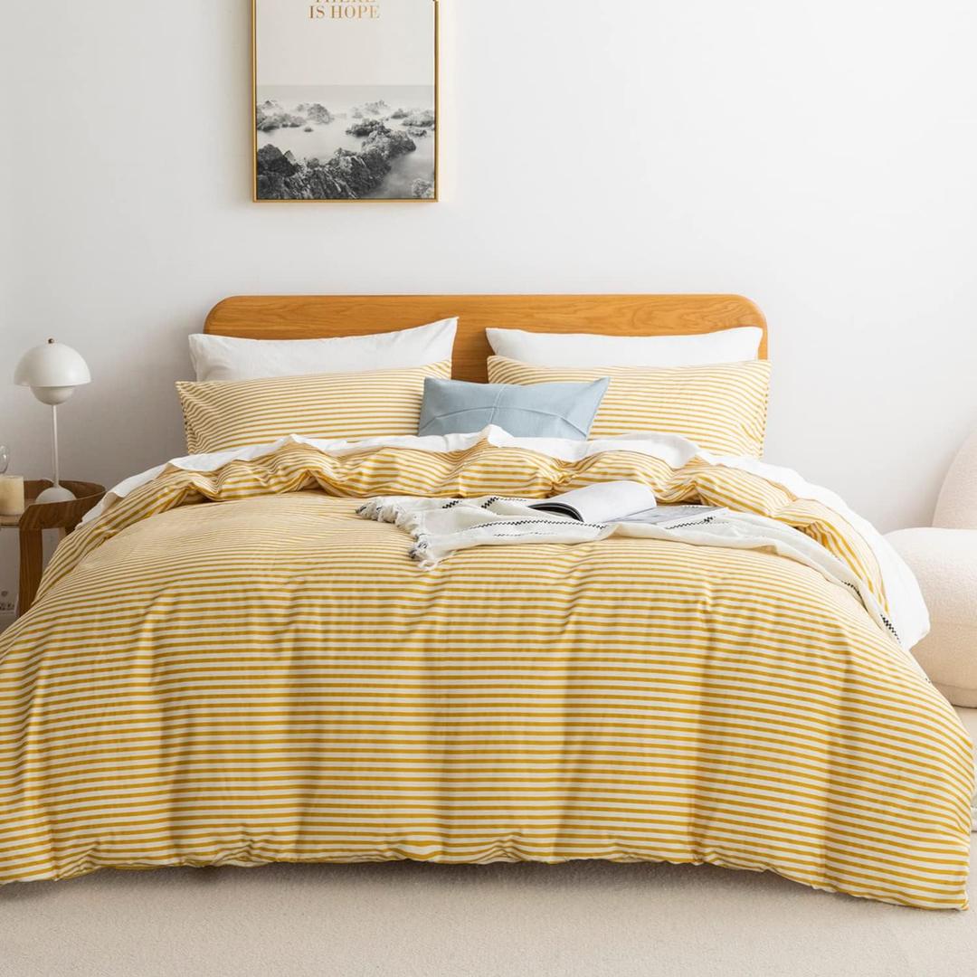 JELLYMONI 100% Natural Cotton 3pcs Striped Duvet Cover Sets,White Duvet Cover with Yellow Stripes Pattern Printed Comforter Cover,with Zipper Closure & Corner Ties(Full Size) (Full(80"90"), 0904)