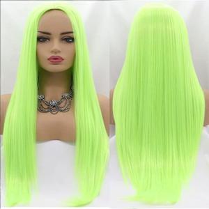 Xiweiya Wigs Neon Green Straight Hair None Lace Synthetic Machine Made Disposable Wig Silky Full Heat Resistant Fiber Hair Middle Part Wig for Women 24 Inch for Makeup Party Cosplay