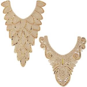 FINGERINSPIRE 2 pcs Gold Collar Applique 2 Style Sequin Floral Embroidered Applique Trim V-Neck Ethnic Style Collar Sew on Patches Neckline Collar Sewing Accessories for DIY Wedding Dress, Cloth