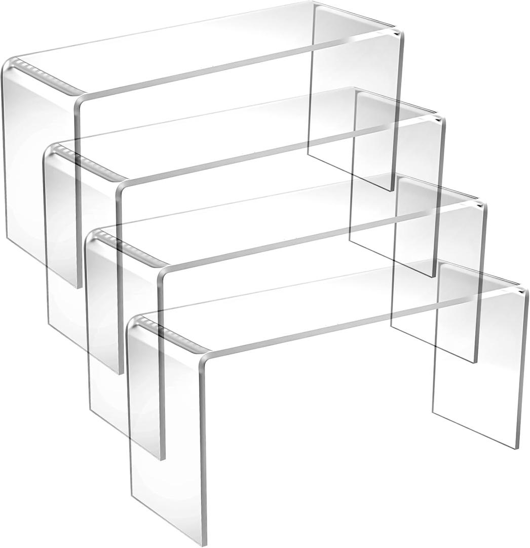 4 Pack Acrylic Risers Display Stands, Display Stands for Collectibles, Clear Acrylic Shelf for Show Decor, Toys, Cupcake (9.4 x 3.1 x 4.3 inches)
