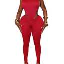 Red Sexy 2 Piece Sets for Women Sleeveless Hollow Out Bodysuit Top Bodycon Ruched Leggings Set Jumpsuit Club Outfits (L)