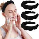 WHAVEL 3 Pack Spa Headband Skincare Headbands, Makeup Headband Sponge Terry Cloth Headbands Face Wash Headband Puffy Hair Band for Washing Face Women Girls (Black)