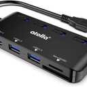 USB SD Card Reader, atolla USB Hub with SD/Micro SD Card Reader, USB Splitter with 3 USB Ports, 2 Card Slots and Individual LED Power Switches (Black)