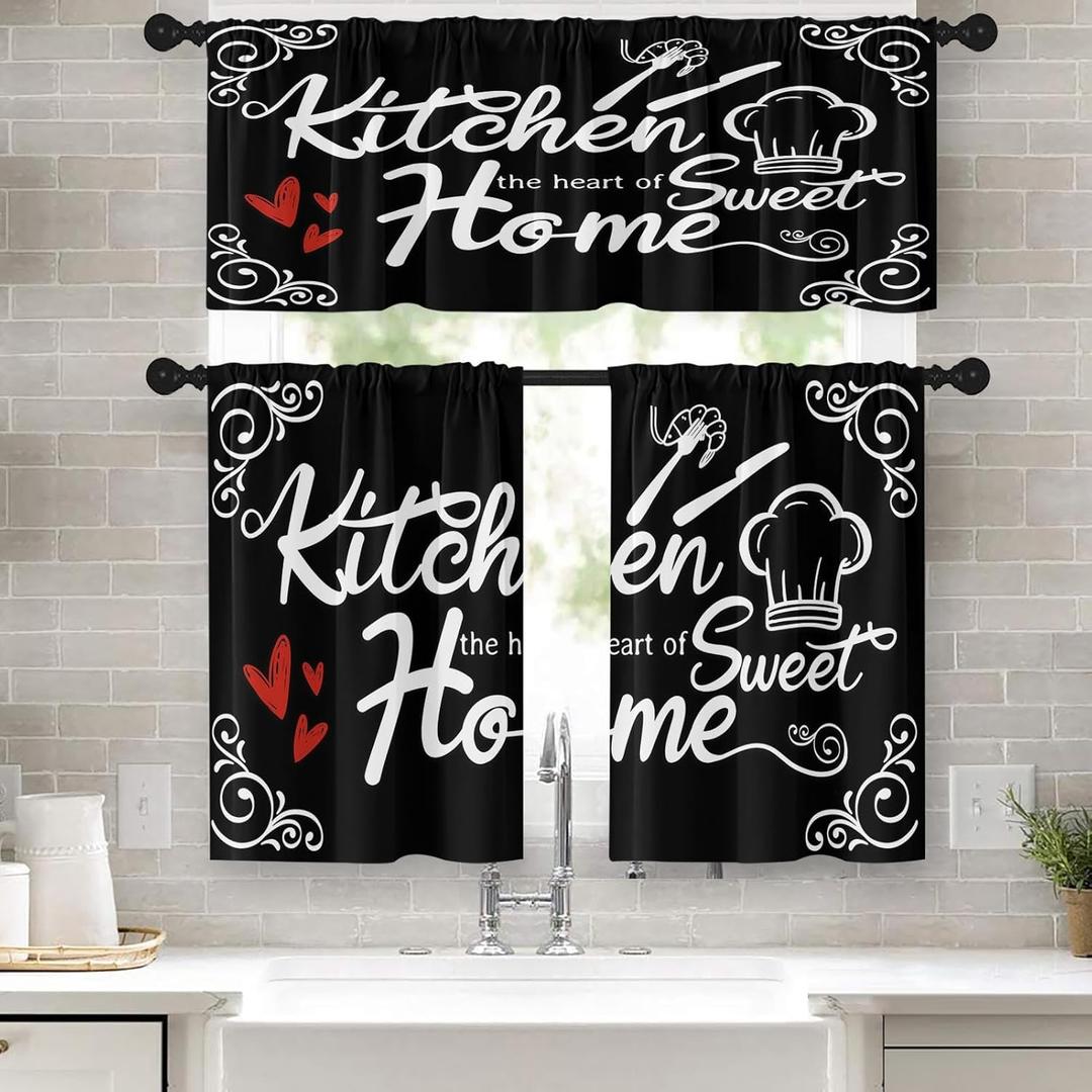 Farmhouse Black Kitchen Window Curtains Valance and Tier Set 36 Inch, Heart of Sweet Home Rod Pocket Short Tier Curtain for Bathroom, Modern Small Cafe Drapes for Kitchen Decor