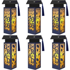 NOVWANG 6-Pack Class of 2026 Tables Centerpieces, Light Up Graduation Lantern Box Mini Grad Caps Blue Party Table Decorations for College Congrats Photo Prop Grad Party Favor, Blue