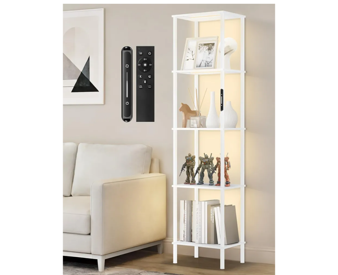 Tier Tall Display Shelves with LED Lights, Touch & Remote Control, Dimmable Display Cabinet, Open Bookshelf with 3 Color Temperature, Timer for Living Room, Bedroom, Home Decor(White)