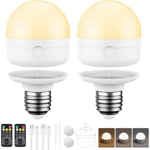 E26 Rechargeable Light Bulbs with Remote, 10W 900lm 3-in-1 Battery Operated Emergency Lighting, 3500mAh 60W Equivalent Bulbs with Magnetic Base & Hook for Home Camping Hurricane&Power Outage, 2 Pack