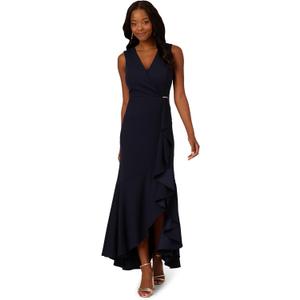 Adrianna Papell Studio Women's Ruffle Flounce Crepe Gown, Midnight, 16