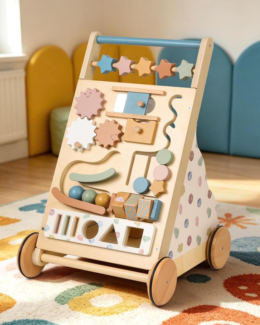 Montessori Safe Wooden Baby Walker, Adjustable Speed Baby Push Walker for Girls and Boys, Morandi Activity Center Toy for Kids' Development, Ideal Gift for Toddlers