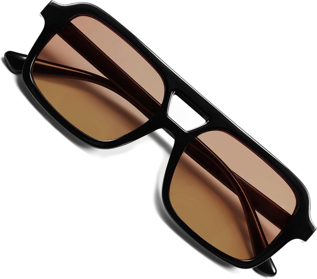 VANLINKER Retro 70s Square Aviator Sunglasses for Women Men Vintage Trendy Rectangle Sun Glasses VL9816 (C10-light Brown Lens/Black Frame)