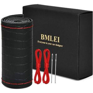 Steering Wheel Cover Universal 15 Inch with Top Genuine Leather, Anti-Slip Design, Soft Padding, Stitch on Wrap (red line)