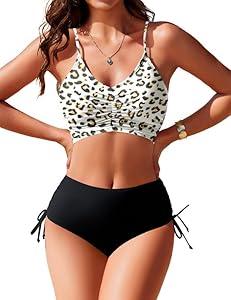 AI'MAGE Women's High Waisted Bikini Sets Tummy Control Swimsuits Front Ruched Two Piece Drawstring Bathing Suit, XL
