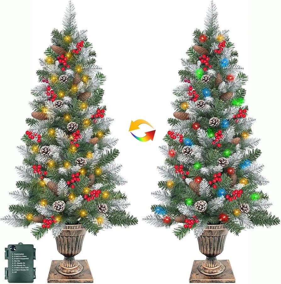 2 Pack 4 FT Snowy Artificial Potted Christmas Tree with 60 LED Lights,Warm White and Colored Changing,8 Lighting Mode&Timer,Battery Operated,Small Xmas Tree,Outdoor Front Door Porch Home Decoration