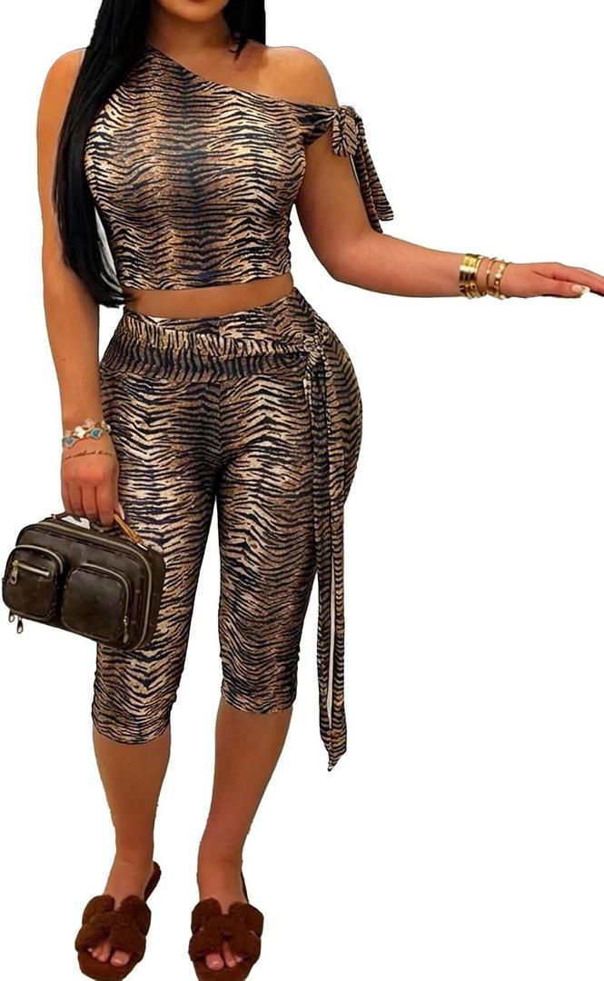 CXXQ Sexy 2 Piece Outfits Off Shoulder Self Tie Crop Tops and Capri Legging Set Tracksuits Clubwear (XL)