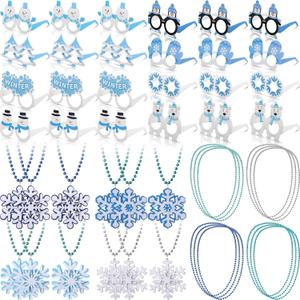 48pcs Winter Party Favor Snowflake Winter Wonderland Party Decorations Snowman Bear Penguin Paper Eyeglasses Bead Necklaces Supplies Photo Booth Props for Holiday Shower Birthday