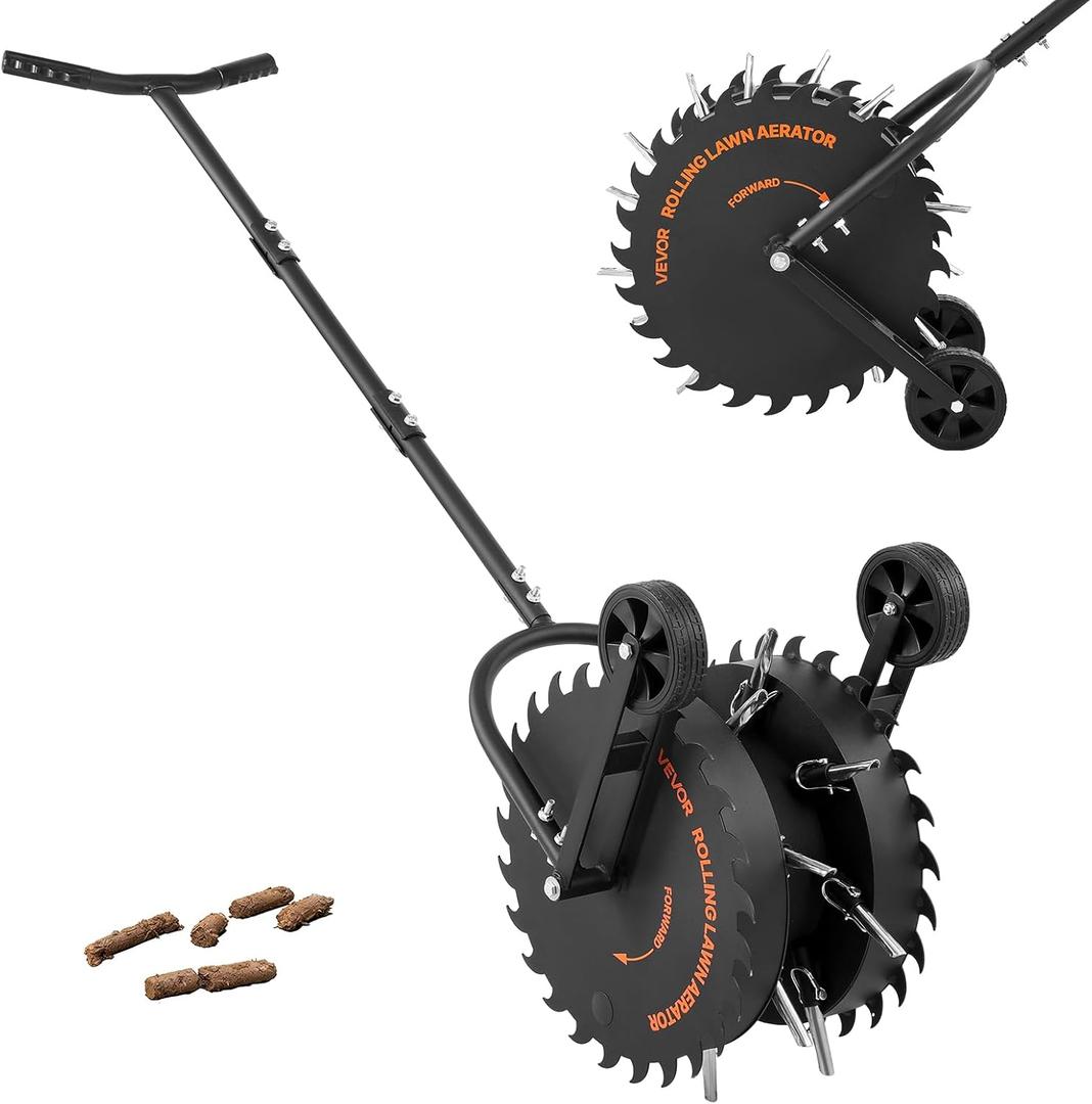 VEVOR Rolling Lawn Core Aerator, 16.6 in Coring Aerator Roller with Anti-Clog Tines, Heavy Duty & Rust-Resistant, Yard Grass Pulling Plugs Manual Aeration Tool for Compacted Garden Soil Loosening