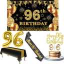 96th Birthday Decorations Men Women with 96th Birthday Banner, Black and Gold Table Cloth, Number Balloons, Large Sash, Cake Topper and Candles