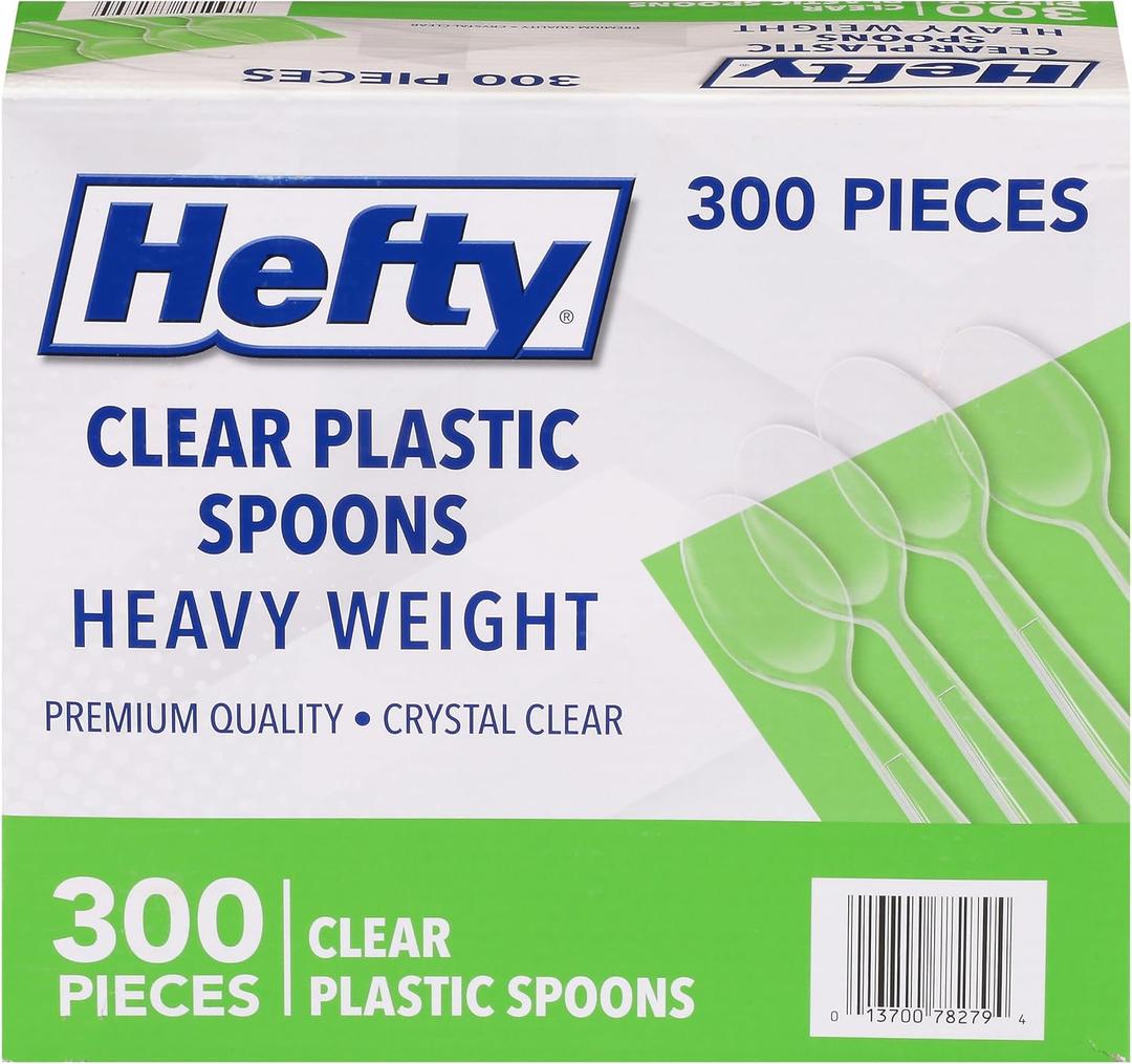 Hefty Heavy Duty Plastic Spoons, 300 Count, Bulk Clear Disposable Spoons for Offices, Cafeterias, Concession Stands, Restaurants, Large Events, and More