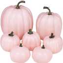 Winlyn 7 Pcs Assorted Sizes Fall Artificial Peach Pink Pumpkins Harvest Faux Foam Light Pink Pumpkins for Fall Autumn Season Halloween Thanksgiving Harvest Festive Tabletop Decoration