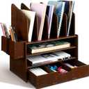 4 Tier Wooden Desk File Organizer Office Desk Organizer with 5 Vertical File Holders and 2 Pen Holders Multifunctional Desktop Accessories with Drawer for Back to School Teacher Gifts