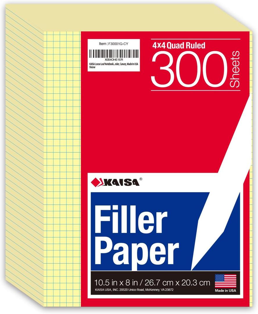 KAISA Loose Leaf Notebook Paper, 4x4 Quad Graph Ruled, 300 Sheets Per Lined Paper, 8" x 10.5", 3 Hole Punched for 3 Ring Binder, Canary, Made In USA (1pack)