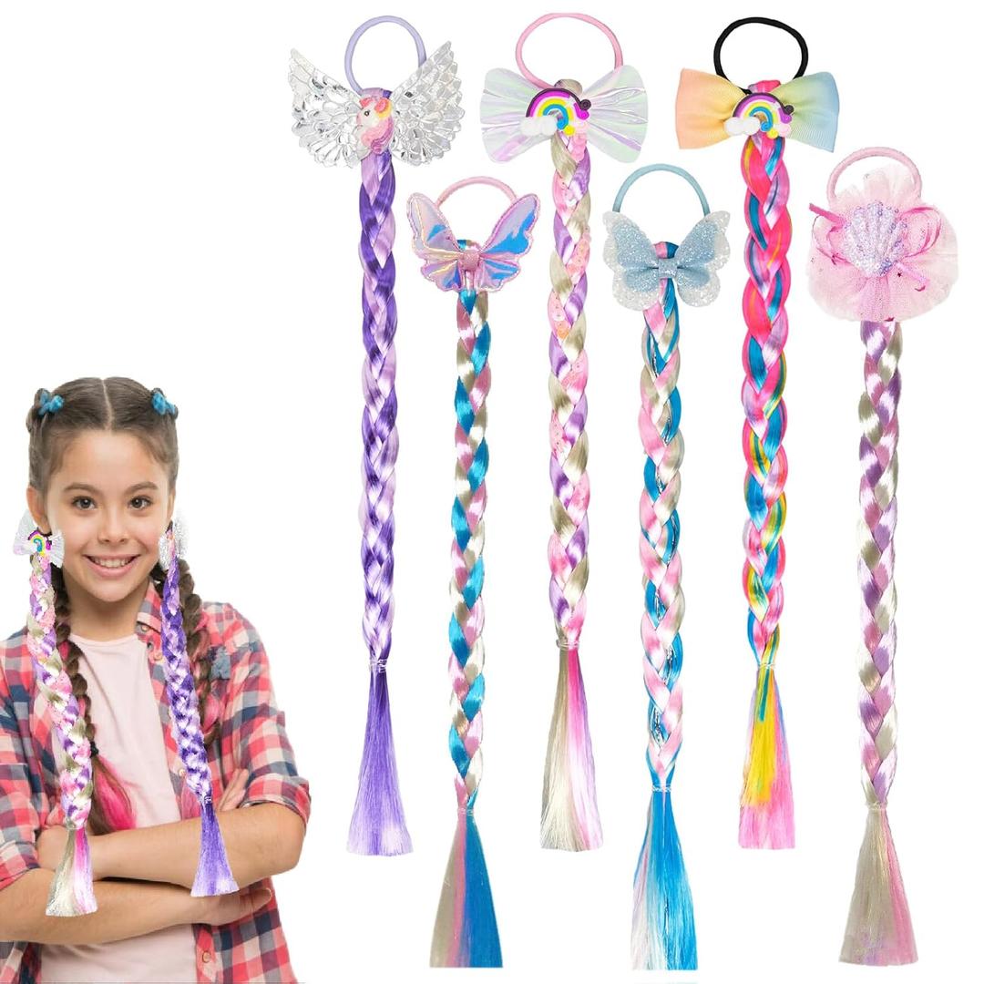 6 Pcs Rainbow Color Braids Hair Extensions - Ponytails & Bows with Rubber Bands - Glitter Braided Wig - Cosplay Hair Accessories for Girls & Women