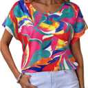 Women's Graphic Blouse Short Sleeve Crew Neck Dressy Shirt Tops (L)