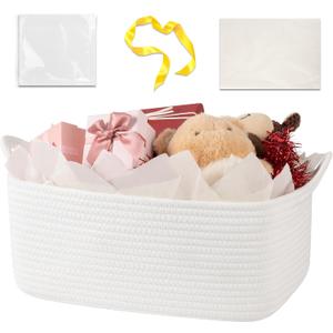 OIASKET Basket for Gifts Empty, Woven Storage Basket with Gift Bag, Ribbon and Wrap Tissue Paper, Small Rope Toy Storage with Handles for Baby Shower, Dog Toy Organizer, 15.5" x 11.4" x 6.7"