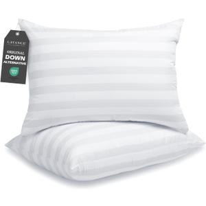 LAVANCE Pillows Queen Size Set of 2 Hotel Collection Pillows 3D Down Alternative Fiber Filling Soft Bed Pillows for Back, Stomach or Side Sleepers-1.2" White Striped, 20"x28"