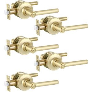 5 Pcs Gold Door Handles Interior in Satin Brass Finish, Bedroom Bathroom Privacy Door Levers Interior Gold Locksets Keyless, Reversible for Right & Left Sided Doors