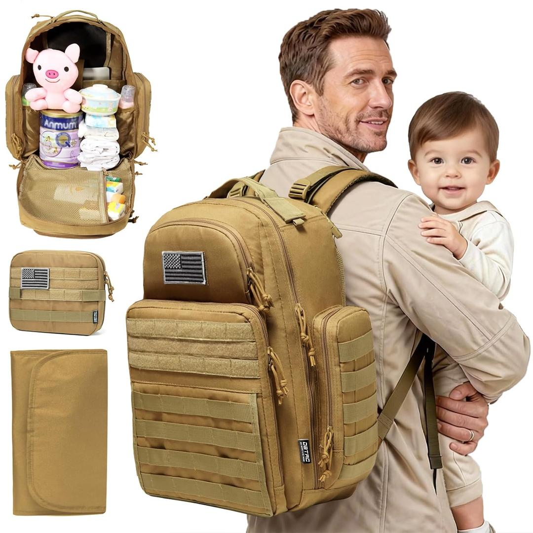 DBTAC Diaper Bag Backpack for Dad, Large Baby Nappy Bag for Men with Changing Mat, Insulated and Wipe Pockets, Stroller Straps, Brown