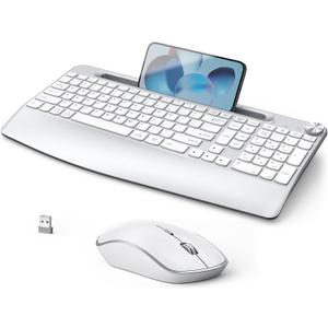 JOYACCESS Ergonomic Wireless Keyboard and Mouse, Full Size Wireless Keyboard Designed with Phone Holder and Wrist Rest,Volume Roller for Computer Mac PC Laptop-Silver