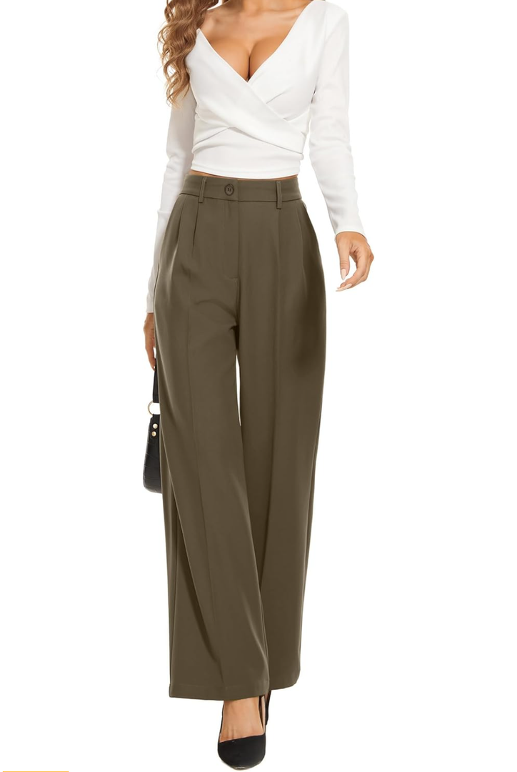 FUNYYZO Wide Leg Pants Women's High Elastic Waisted in The Back Business Work Trousers Long Straight Suit Pants M