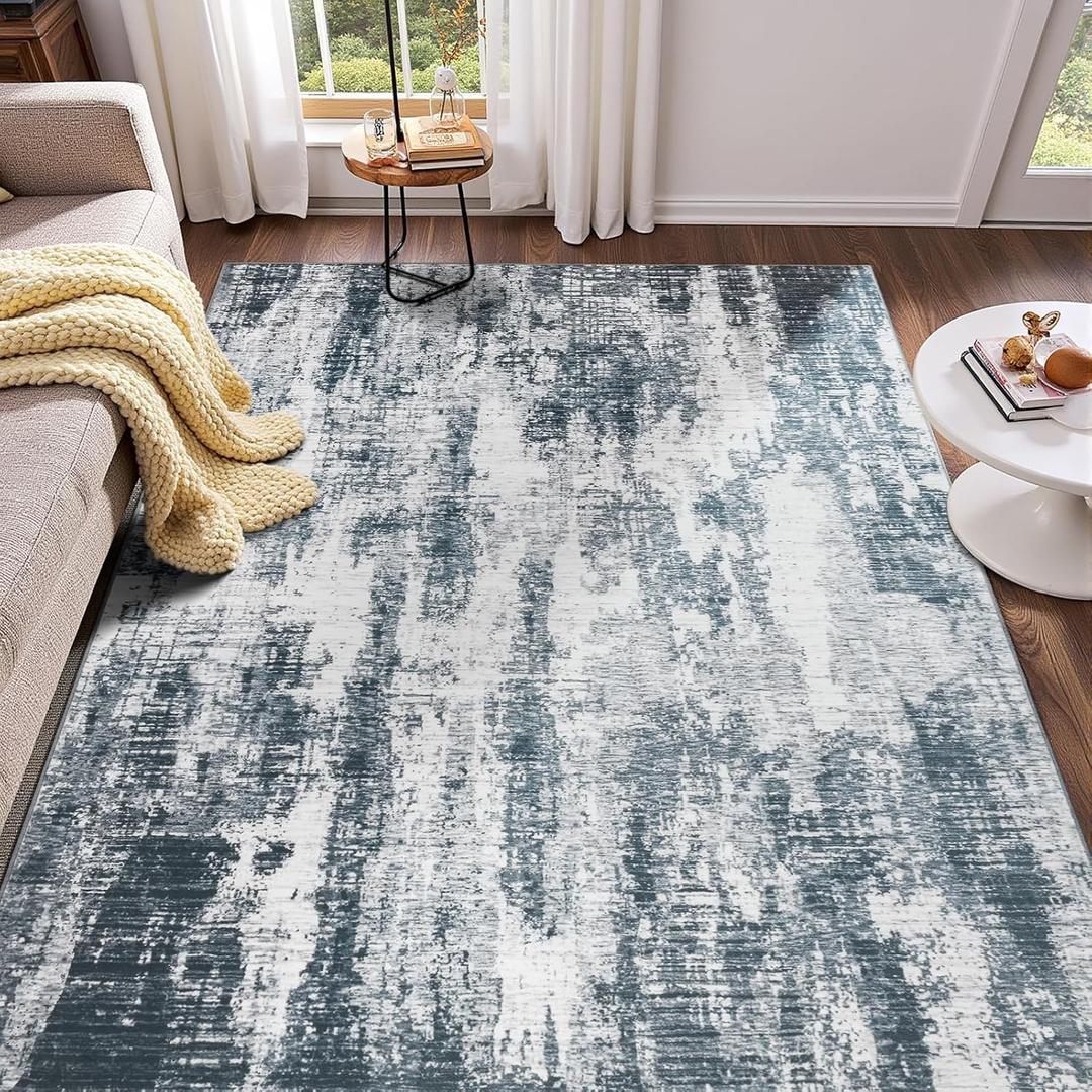 Enqinar Modern Abstract 3x5 Rug, Soft Grey Area Entryway Rug, Machine Washable Non Slip Area Rugs for Bedroom, Low Pile Stain Resistant Distressed Rugs for Living Room, Dining Room, Dorm, Grey White