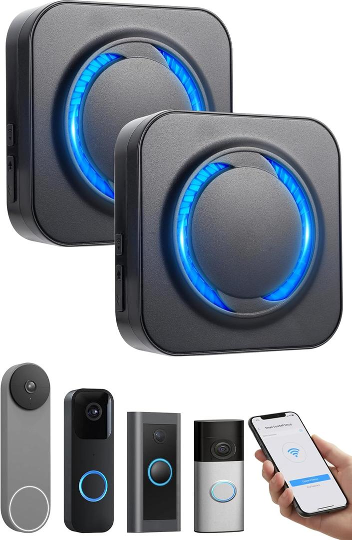 Smart Wireless Doorbell Chime for Ring, Blink, Google Nest - 2-Pack, 99+ Expandable, Works with Alexa,No Wiring/Subscription,No Range Limits,58 Chimes,5 Volume, Easy to Setup, Ideal for Large Homes