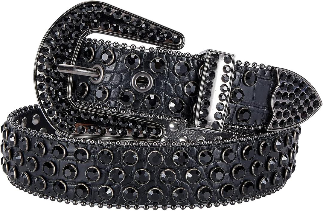 Rhinestone Studded Belt for Men Women, Western Leather Belt with Cross Decor for Cowgirl Cowboy Vintage Bling Belt for Pants Dress