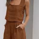 YMING Women Two Piece Shorts Set Sleeveless Lounge Sets Summer 2 Piece Linen Tank Top and Shorts with Pockets Dark Brown S