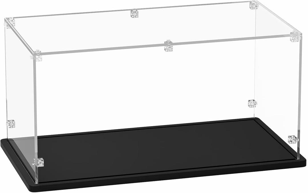 Acrylic Display Case 15x8x8 Inch Cube- 3mm Thick Acrylic Display Box with Black Wooden Base, Assemble Dustproof Showcase Clear Display Case for Collectibles Figures Doll Toys Models Cars