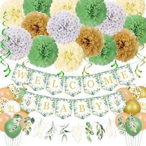 42pcs Baby Shower Decoration, Neutral WELCOME BABY Banner,3 Eucalyptus Leaves Pennant, 15 Greenery Paper Flower,6 Hanging Swirls,18 Balloons for Boy Girl Birthday Party (Sage Green)