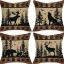 Wildlife Cabin Decorative Throw Pillow Covers 16 x 16 Set of 4, Vintage Forest Animals Reindeer Wolf Bear Porch Outdoor Home Decor, Retro Farmhouse Woodland Pine Tree Sofa Couch Cushion Case